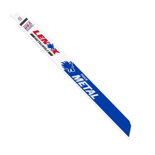 Image of a LENOX Bi-Metal 12 in. Reciprocating Saw Blade (5-Pack) with a blue logo and Thick Metal text. Made in the USA, it features POWER BLAST TECHNOLOGY and specialized tooth pattern for efficient metal cutting.